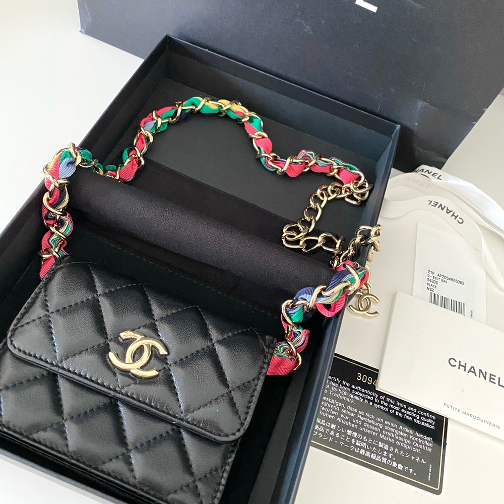 CHANEL Lambskin Ribbon Quilted Flap Belt Bag Black